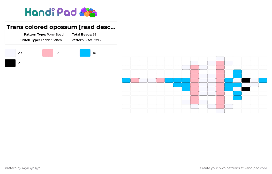 Trans colored opossum [read description] - Pony Bead Pattern by r4yn3yd4yz on Kandi Pad - light blue,pink,trans,pride,opossum,animal,cute,ladder,queer,flag