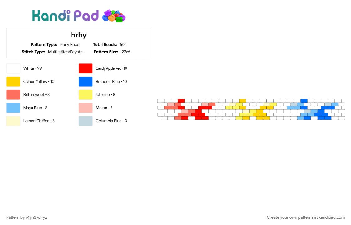 Primary colored balloon dog cuff - Pony Bead Pattern by r4yn3yd4yz on Kandi Pad - clowncore, cute, red, white, yellow