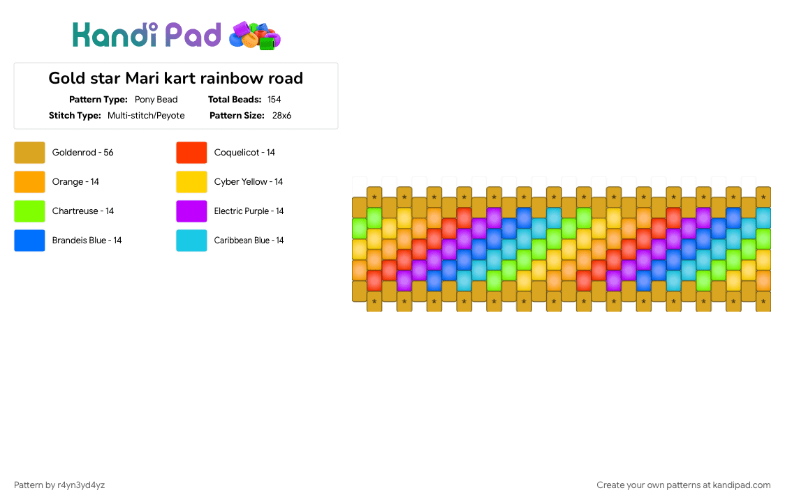 Mario kart rainbow and Gold Star road cuff - Pony Bead Pattern by r4yn3yd4yz on Kandi Pad - colorful, gaming, nintendo, orange