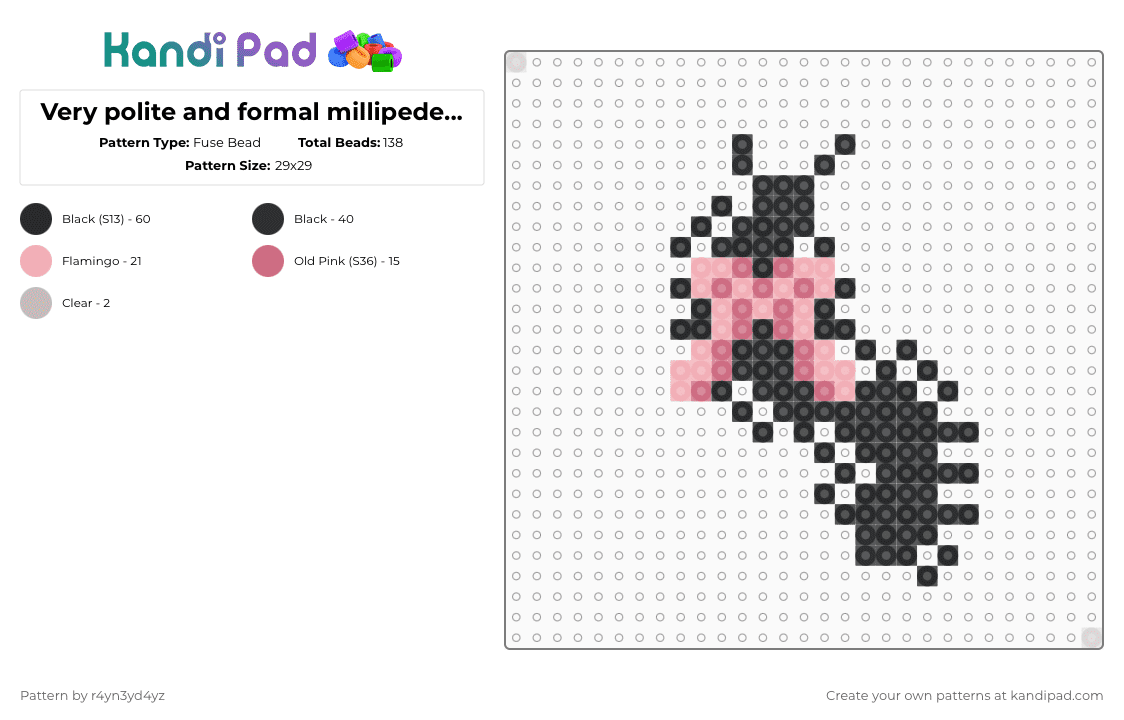 Very polite and formal millipede with pink bow - Fuse Bead Pattern by r4yn3yd4yz on Kandi Pad - black,beige,pink