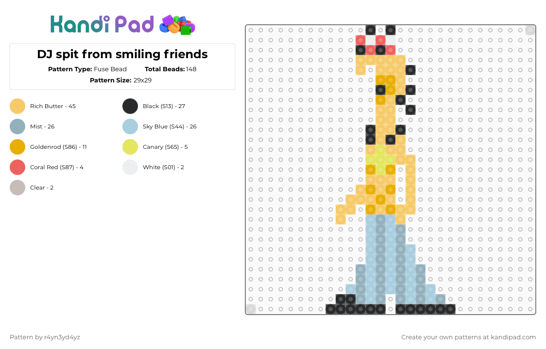 DJ spit from smiling friends - Fuse Bead Pattern by r4yn3yd4yz on Kandi Pad - yellow,light blue
