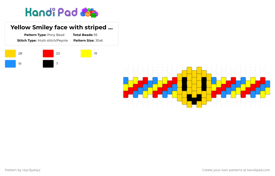 Yellow Smiley face with striped primary color peytote cuff - Pony Bead Pattern by r4yn3yd4yz on Kandi Pad - yellow,weirdcore,smile,primary color,kidcore,dreamcore,stripe,cuff,colorful