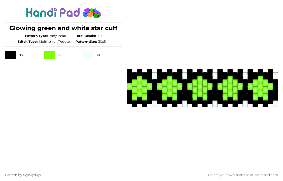 Glowing green and white star cuff - Pony Bead Pattern by r4yn3yd4yz on Kandi Pad - green,star,black,white,glow,cuff,neon,kandi