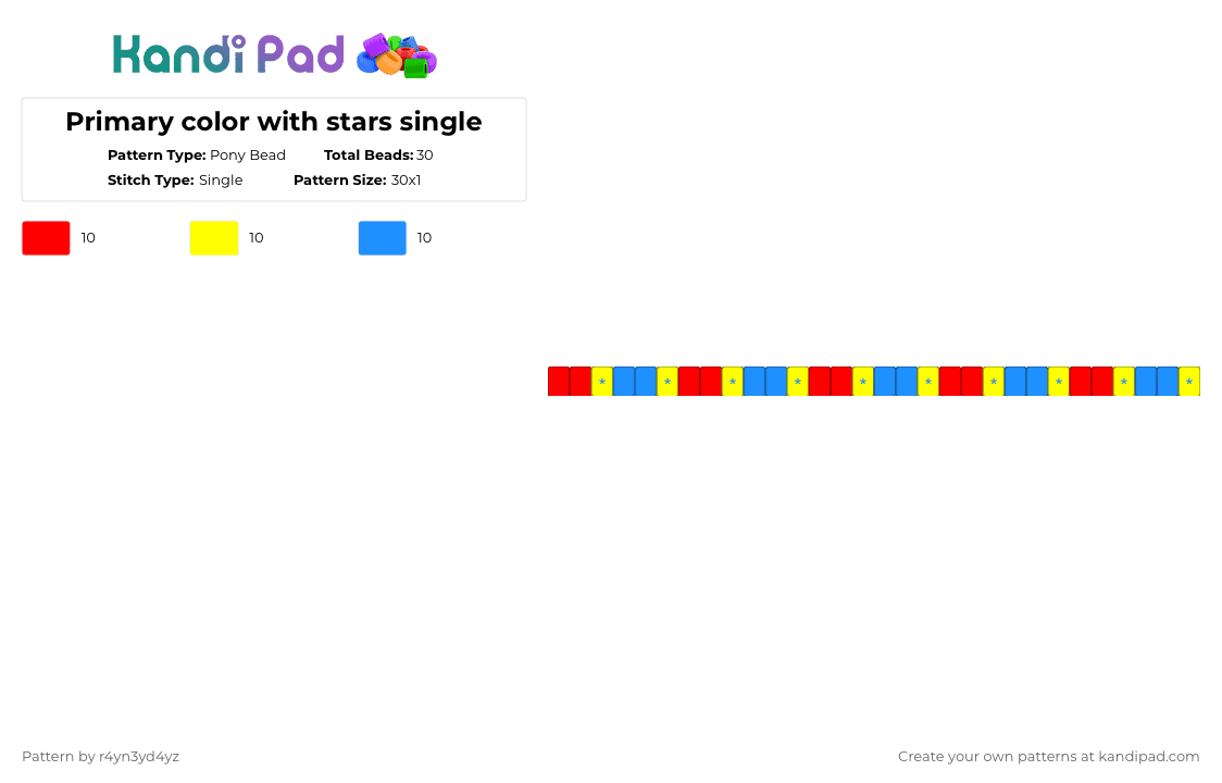 Primary color with stars single - Pony Bead Pattern by r4yn3yd4yz on Kandi Pad - red,yellow,light blue,single,primary color,star,clowncore,decora