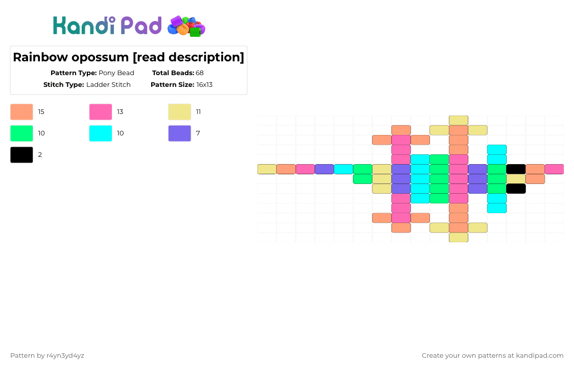 Rainbow opossum [read description] - Pony Bead Pattern by r4yn3yd4yz on Kandi Pad - orange,yellow,pink,colorful,rainbow,opossum,animal,ladder,decora,party,stripe