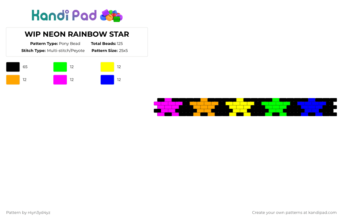Neon rainbow star with black peytote - Pony Bead Pattern by r4yn3yd4yz on Kandi Pad - black,yellow,pink,colorful
