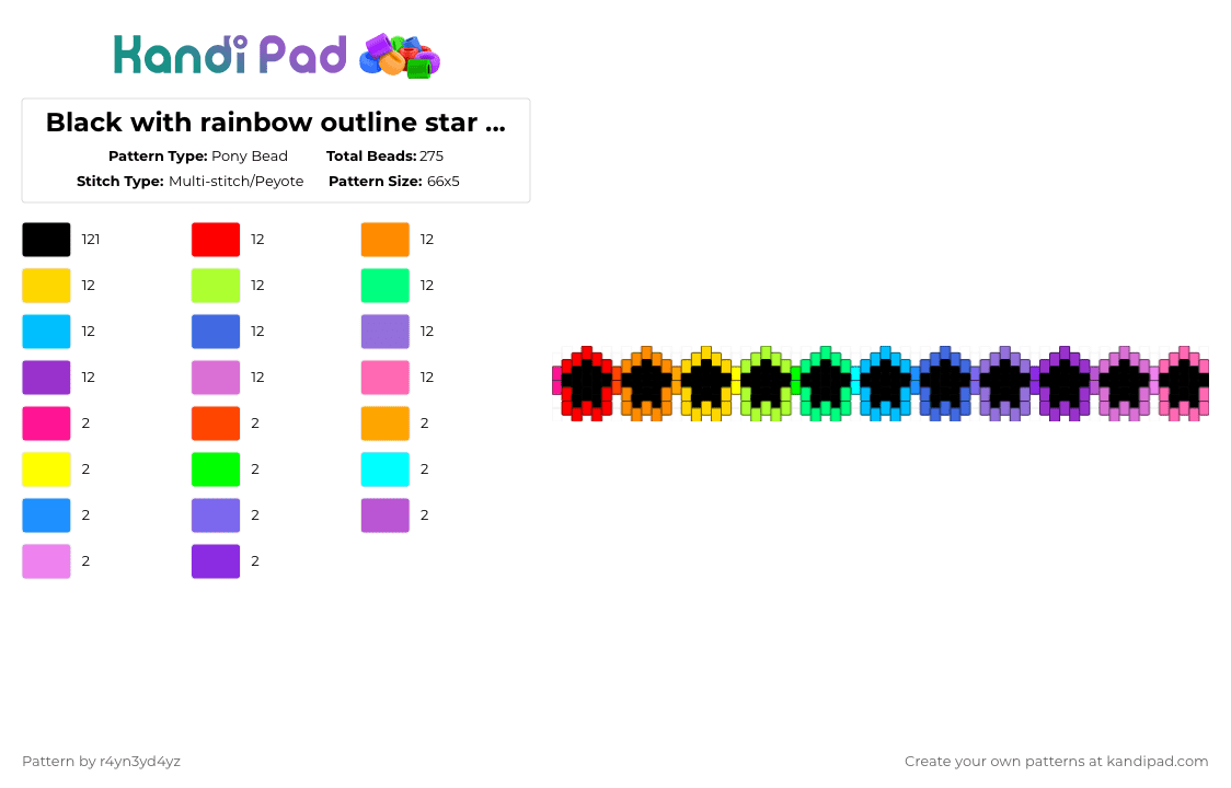 Black with rainbow outline star choker - Pony Bead Pattern by r4yn3yd4yz on Kandi Pad - black,light blue,purple,pink