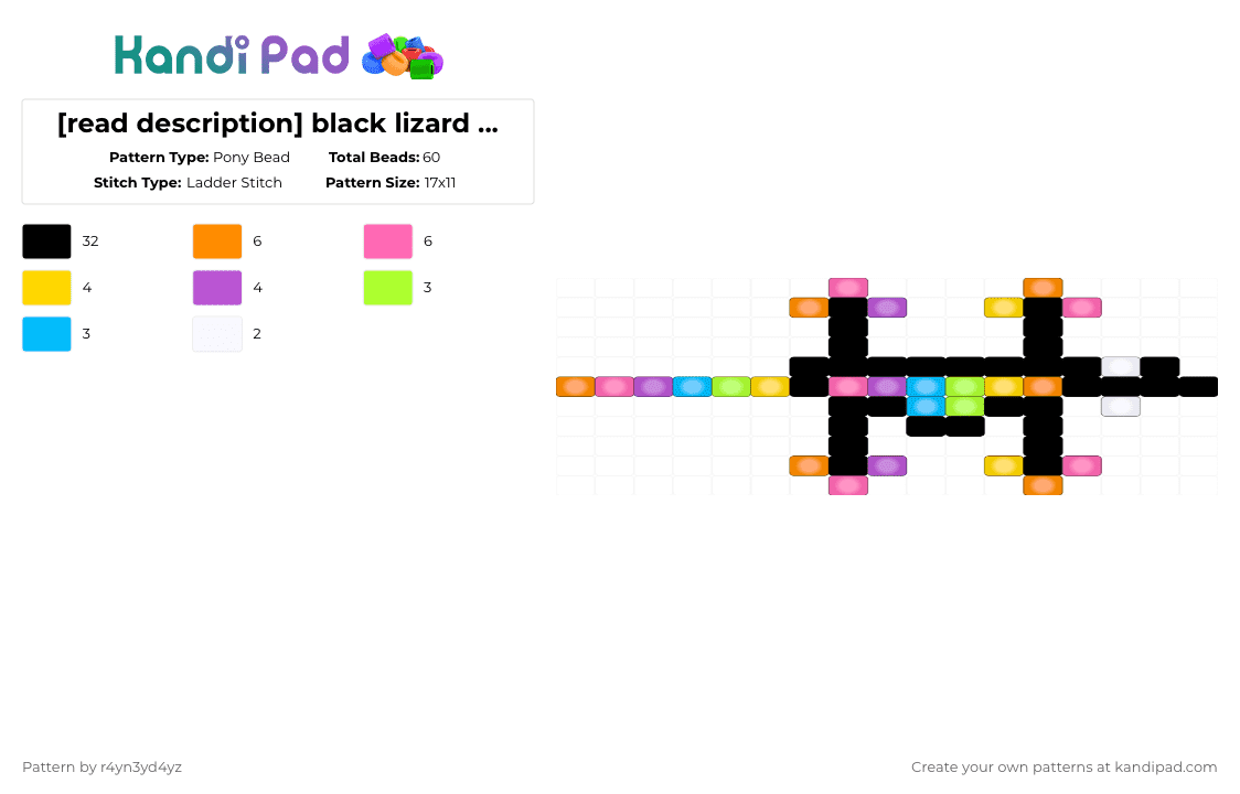[read description] black lizard with glowing rainbow accents - Pony Bead Pattern by r4yn3yd4yz on Kandi Pad - black,orange,pink