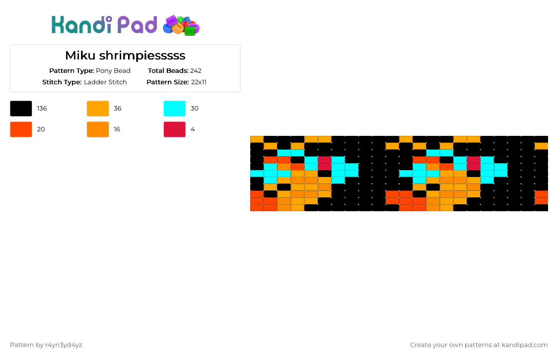 Miku shrimp ladder cuff - Pony Bead Pattern by r4yn3yd4yz on Kandi Pad - black, orange