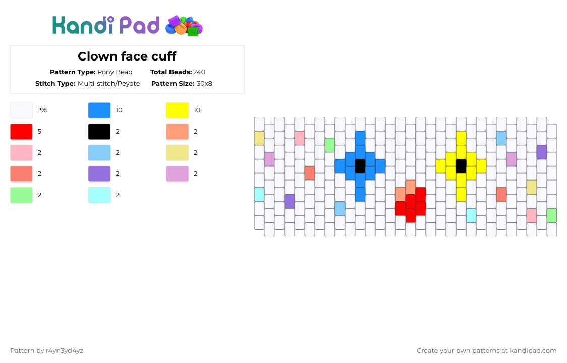 Clown face cuff - Pony Bead Pattern by r4yn3yd4yz on Kandi Pad - white,light blue,yellow,colorful,pastel,clowncore,makeup,jester,cute,party,silly