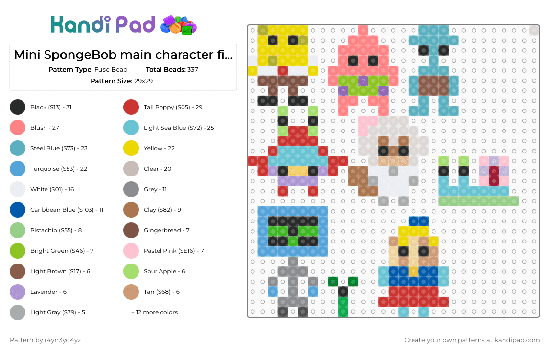 Mini SpongeBob main character figures - Fuse Bead Pattern by r4yn3yd4yz on Kandi Pad - red,green,light blue,colorful,cute,spongebob,show,movie,nickelodeon,cartoon