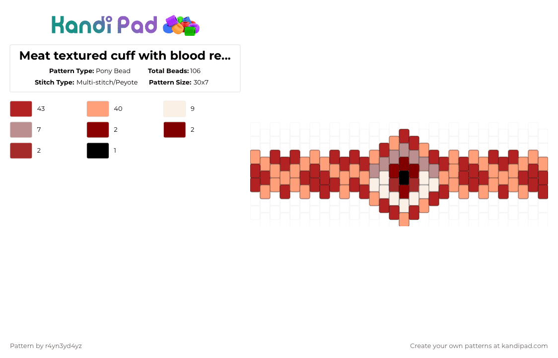 Meat textured cuff with blood red eye - Pony Bead Pattern by r4yn3yd4yz on Kandi Pad - orange,red,meat,gore,eye,creepy,spooky,weirdcore,dreamcore,cuff