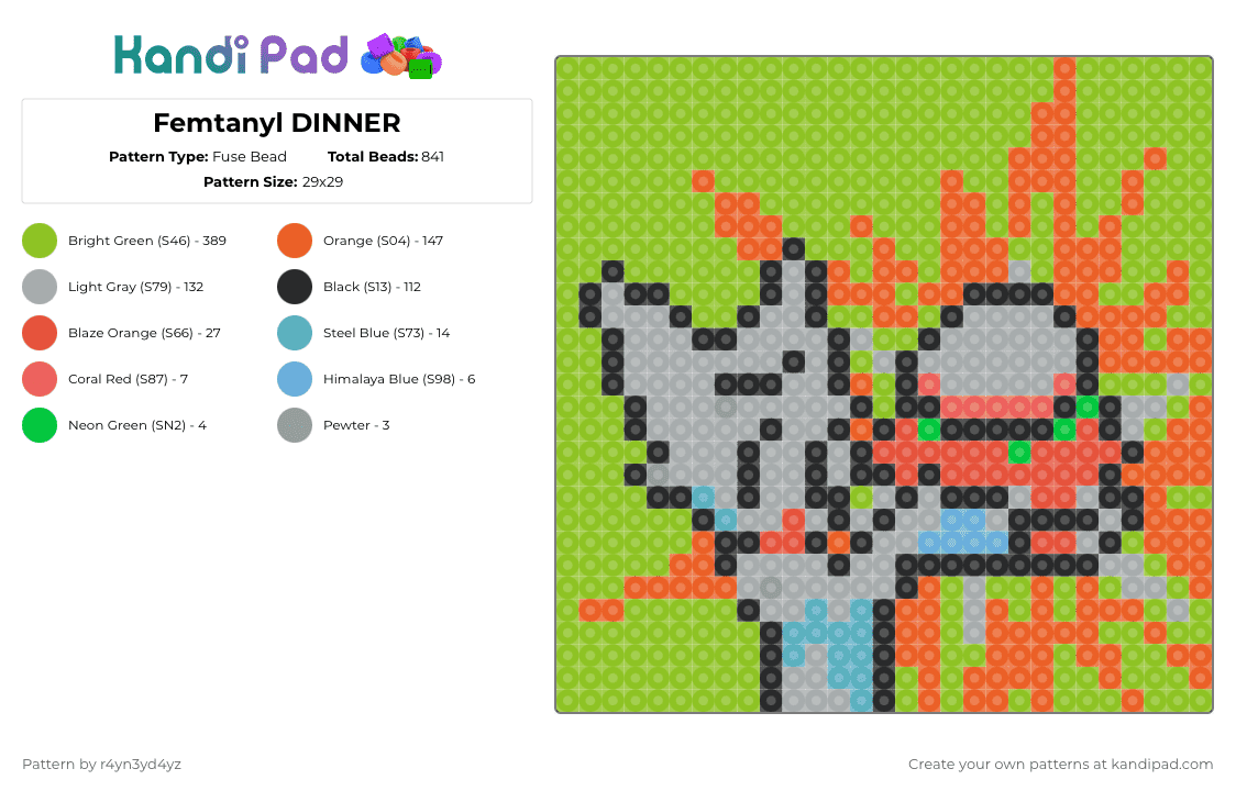 Femtanyl DINNER - Fuse Bead Pattern by r4yn3yd4yz on Kandi Pad - gray,green,orange