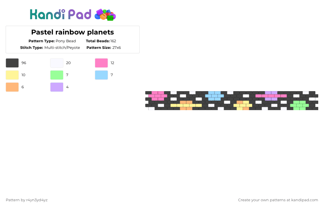 Pastel rainbow planets - Pony Bead Pattern by r4yn3yd4yz on Kandi Pad - black,yellow,pink,planet,space,star,cuff,pastel,cute,rainbow,colorful