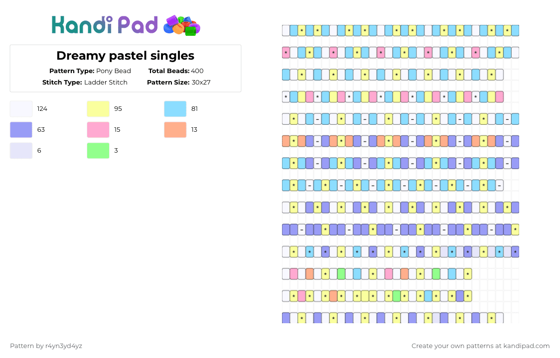 Dreamy pastel singles - Pony Bead Pattern by r4yn3yd4yz on Kandi Pad - light blue,yellow,pink