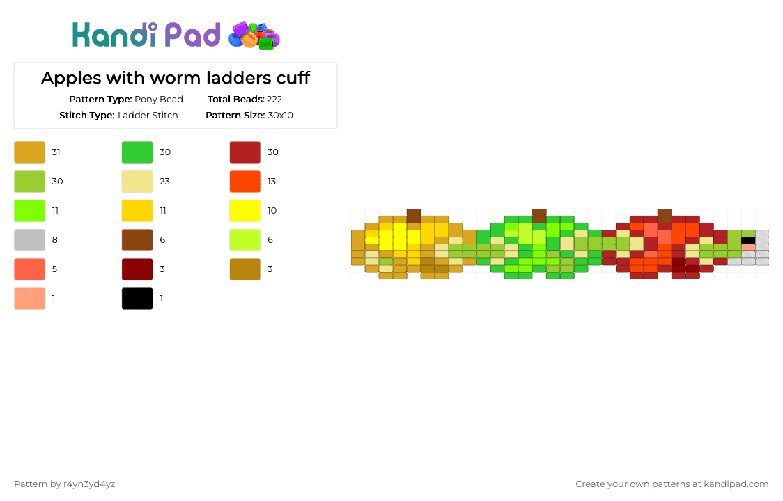 Apples with worm ladders cuff - Pony Bead Pattern by r4yn3yd4yz on Kandi Pad - green,red,yellow,apple,worm,cute,fruit,food