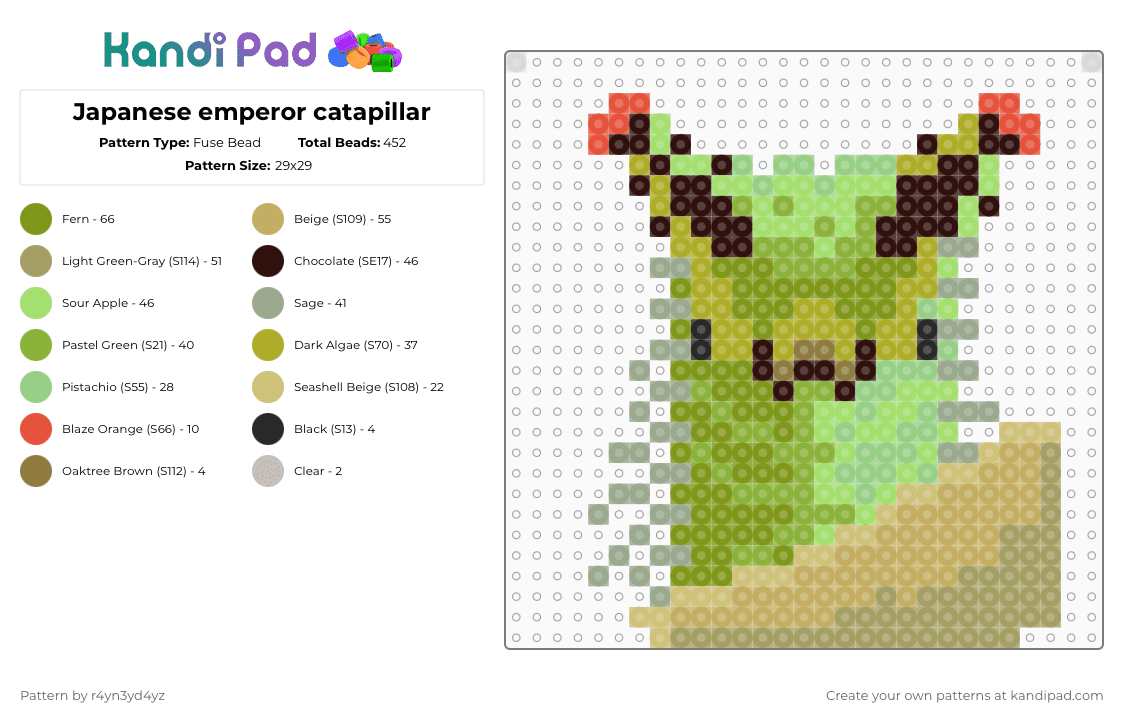 Japanese emperor catapillar - Fuse Bead Pattern by r4yn3yd4yz on Kandi Pad - gold,green,beige
