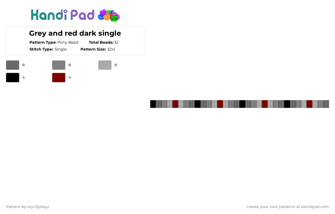 Grey and red dark single - Pony Bead Pattern by r4yn3yd4yz on Kandi Pad - gray,dark,dim,black,grey,red,greyscale,single