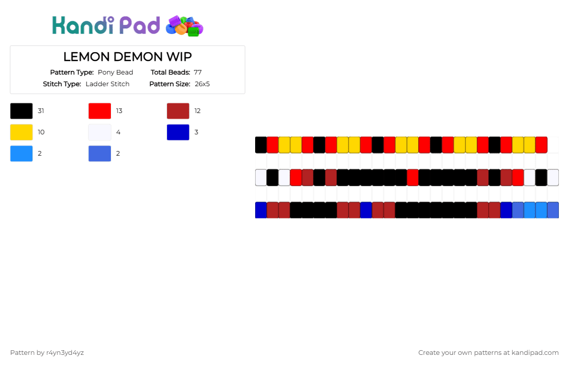 LEMON DEMON WIP - Pony Bead Pattern by r4yn3yd4yz on Kandi Pad - red, yellow