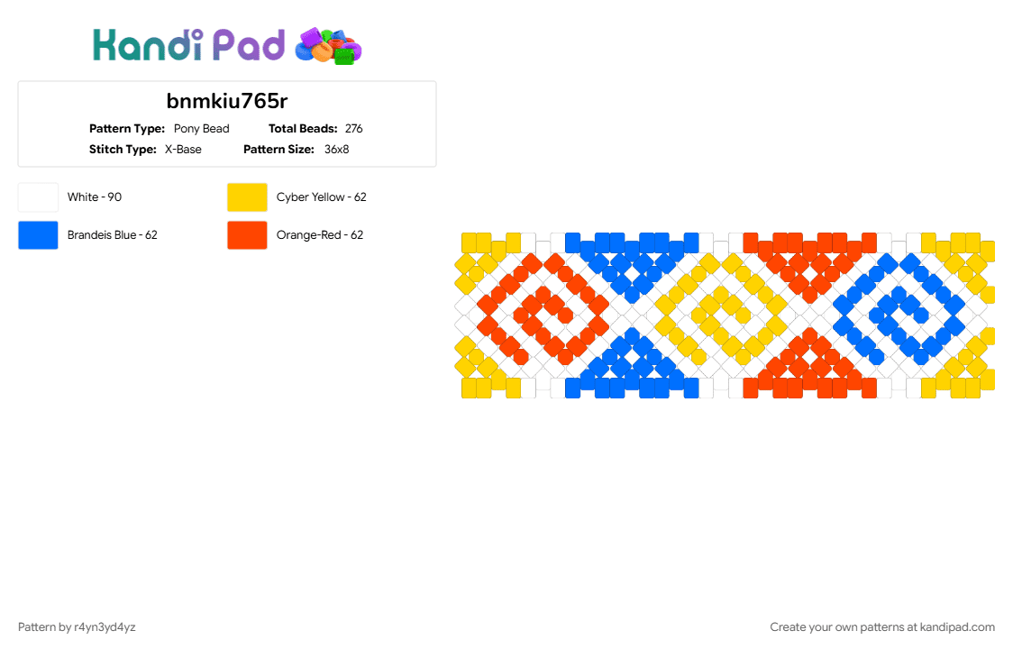 clowncore spiral and triangle xbase cuff - Pony Bead Pattern by r4yn3yd4yz on Kandi Pad - blue, geometric, primary colored, red, swirl, yellow