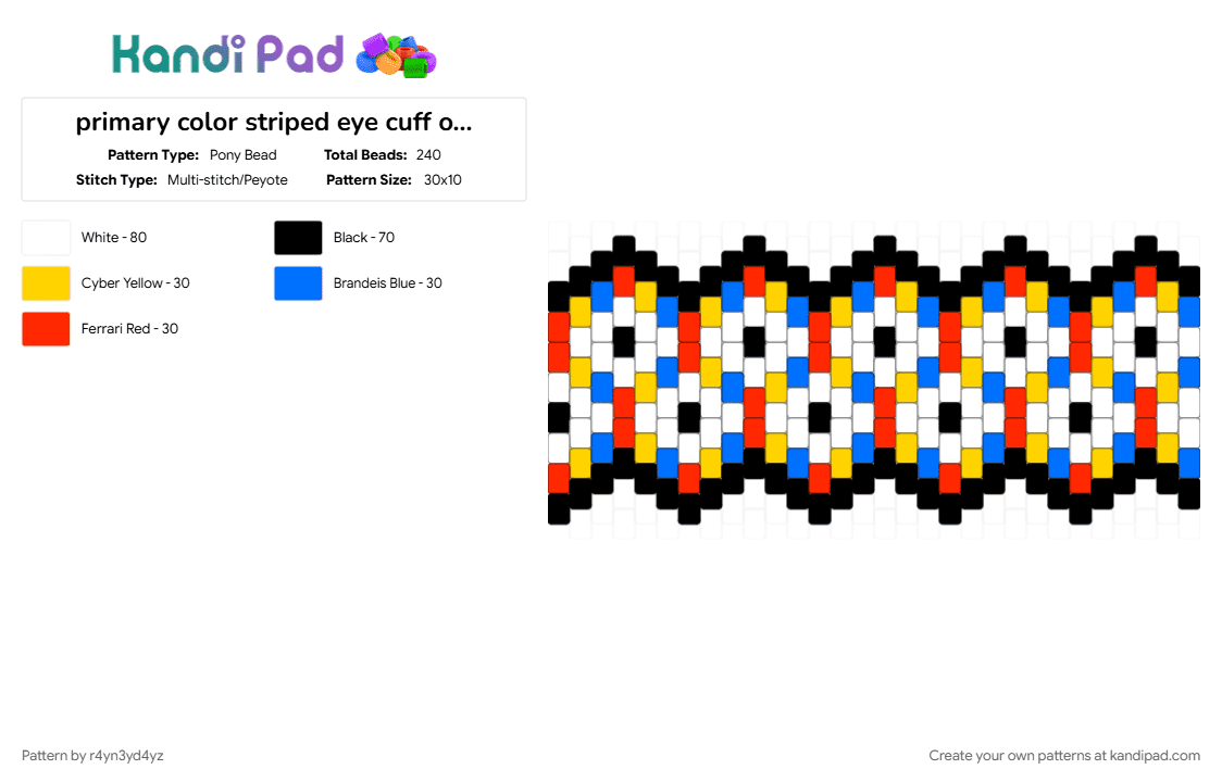 primary color striped eye cuff outlined in black - Pony Bead Pattern by r4yn3yd4yz on Kandi Pad - blue, clowncore, creepy, dreamcore, kidcore, red, weirdcore, yellow