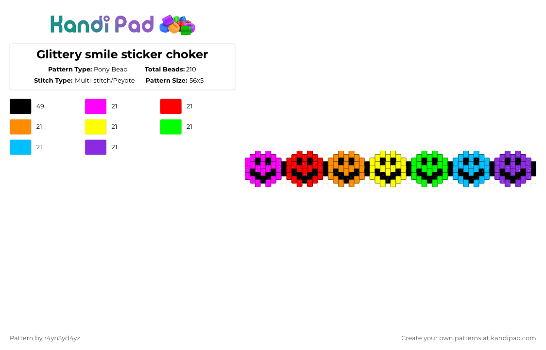 Glittery smile sticker choker - Pony Bead Pattern by r4yn3yd4yz on Kandi Pad - red,yellow,light blue,colorful,glitter,sticker,rainbow,smile,kidcore,choker,decora