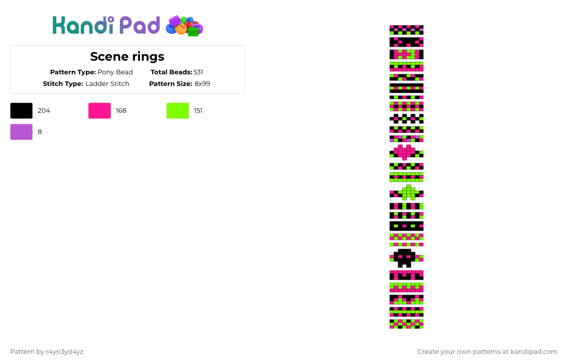 Scene rings - Pony Bead Pattern by r4yn3yd4yz on Kandi Pad - green,pink,scene,ring,ladder,decora,black,checker