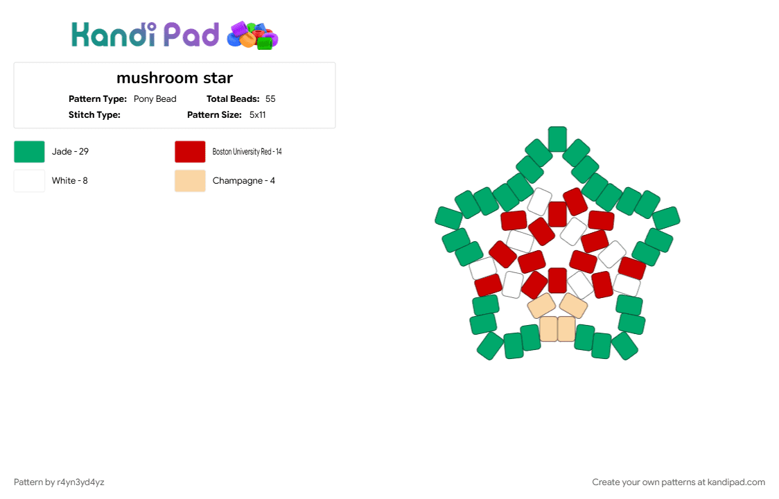 mushroom star - Pony Bead Pattern by r4yn3yd4yz on Kandi Pad - fungi, green, nature, red