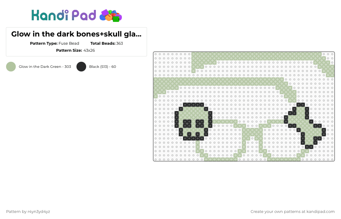 Glow in the dark bones+skull glasses - Fuse Bead Pattern by r4yn3yd4yz on Kandi Pad - beige,glow,glasses,bone,green,skull