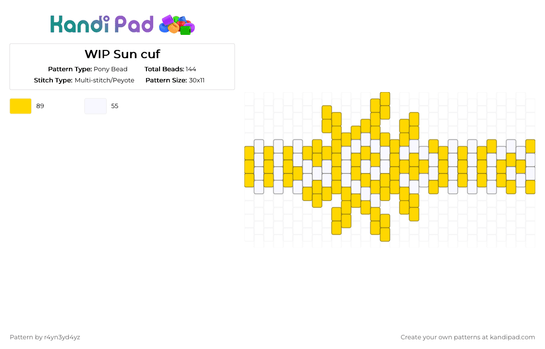 Yellow sun peytote cuff 1 - Pony Bead Pattern by r4yn3yd4yz on Kandi Pad - white,yellow,whimsical,nature,twee
