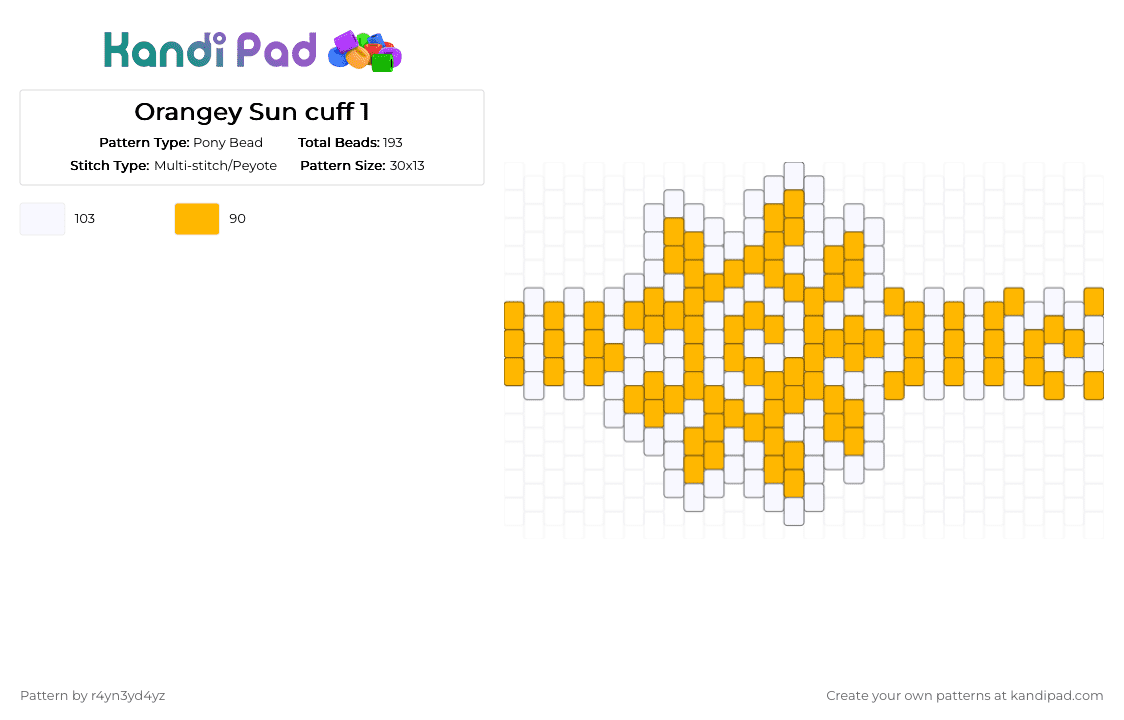 Orange sun peytote cuff 1 - Pony Bead Pattern by r4yn3yd4yz on Kandi Pad - white,orange,whimsical,nature,twee
