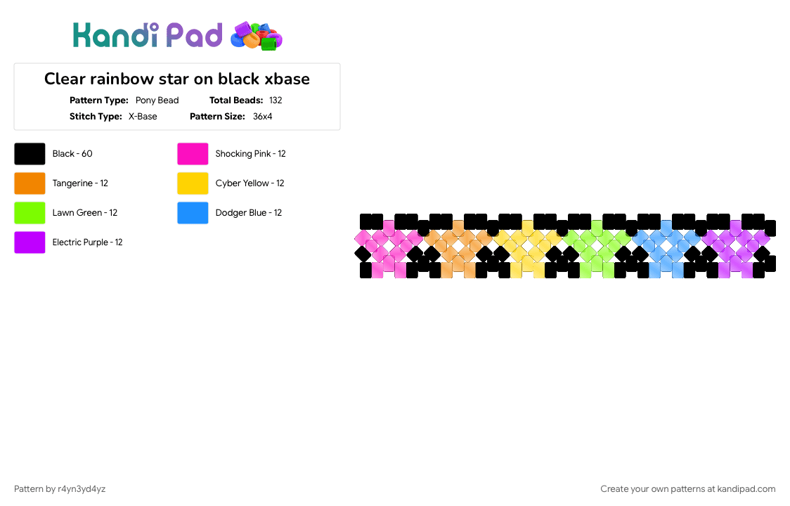 Clear rainbow star on black xbase - Pony Bead Pattern by r4yn3yd4yz on Kandi Pad - black, colorful, green, orange, purple