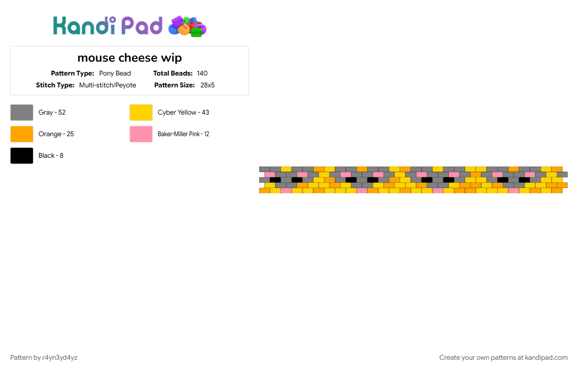 mice in cheese cuff - Pony Bead Pattern by r4yn3yd4yz on Kandi Pad - animal, cute, food, gray, mouse, rat, yellow