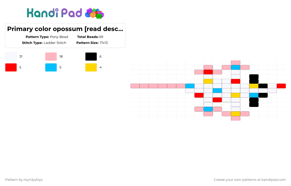 Primary color opossum [read description] - Pony Bead Pattern by r4yn3yd4yz on Kandi Pad - white,pink,primary color,opossum,cute,animal,ladder,party,dot,confetti