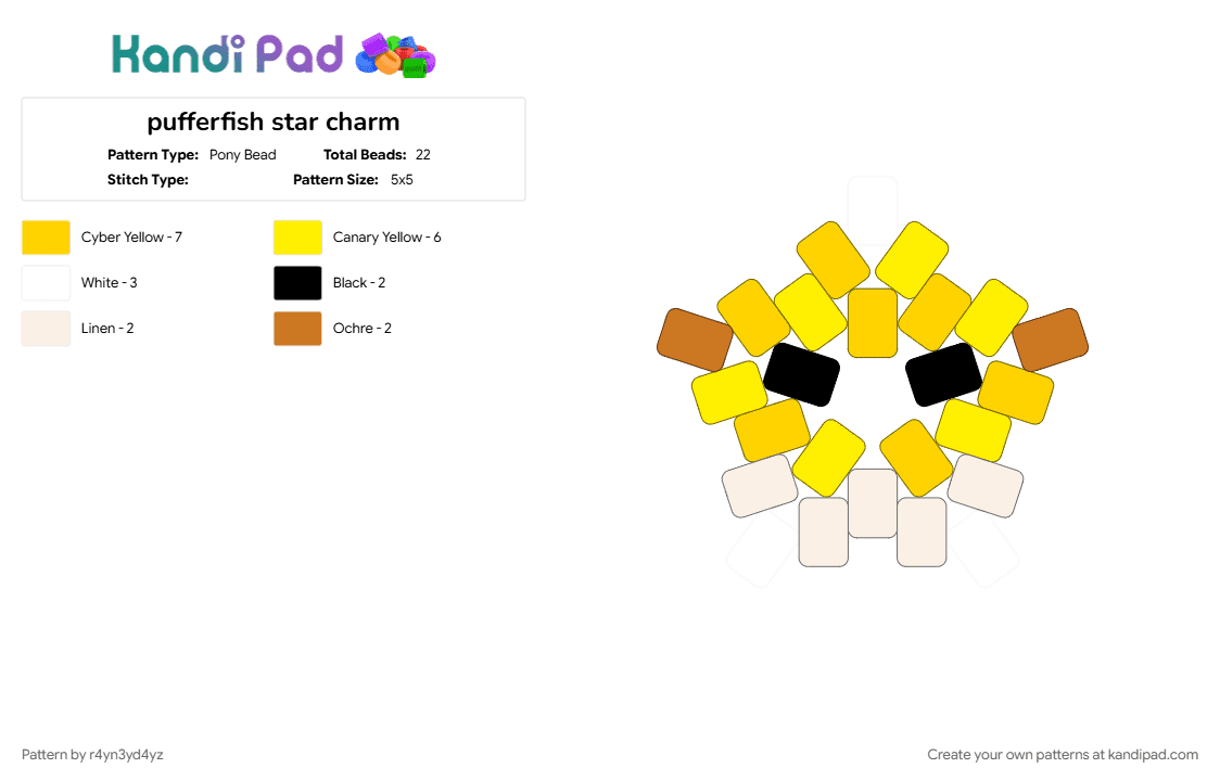 pufferfish star charm - Pony Bead Pattern by r4yn3yd4yz on Kandi Pad - animal, cute, fish, sea creature, yellow