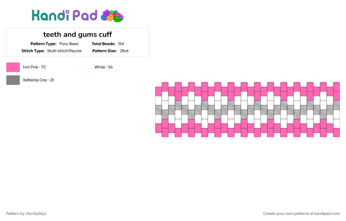 teeth and gums cuff - Pony Bead Pattern by r4yn3yd4yz on Kandi Pad - creepy, gray, mouth, pink, white