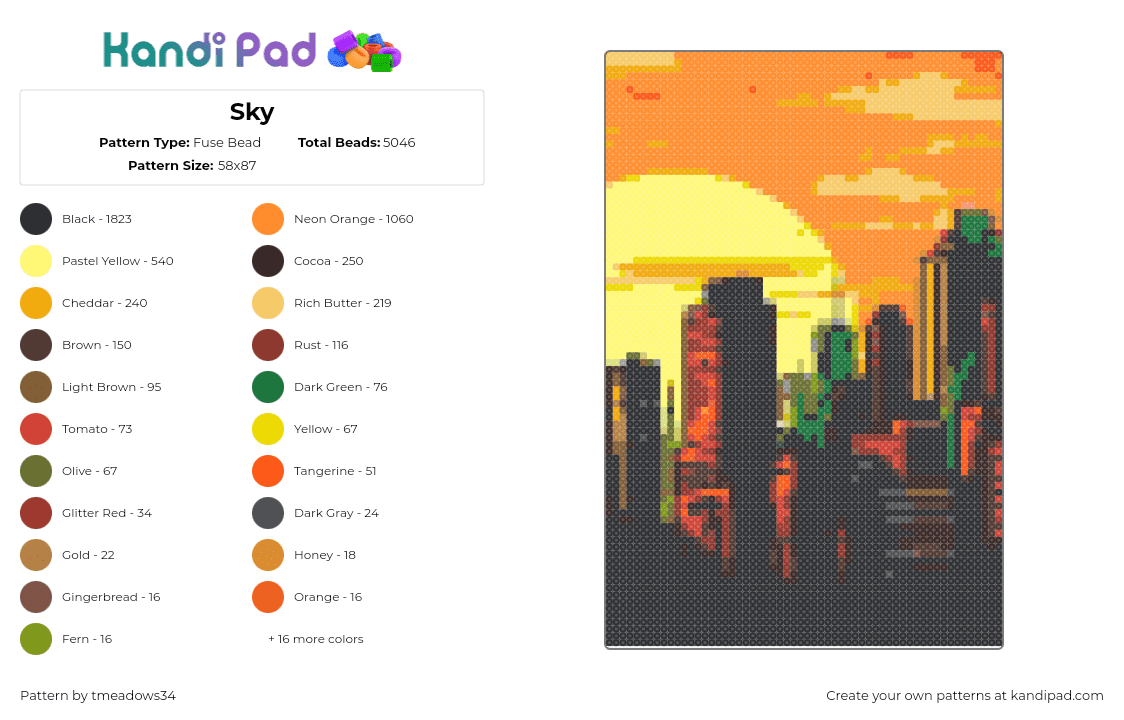 Sky - Fuse Bead Pattern by tmeadows34 on Kandi Pad - sunset,city,sky,silhouette,orange,black