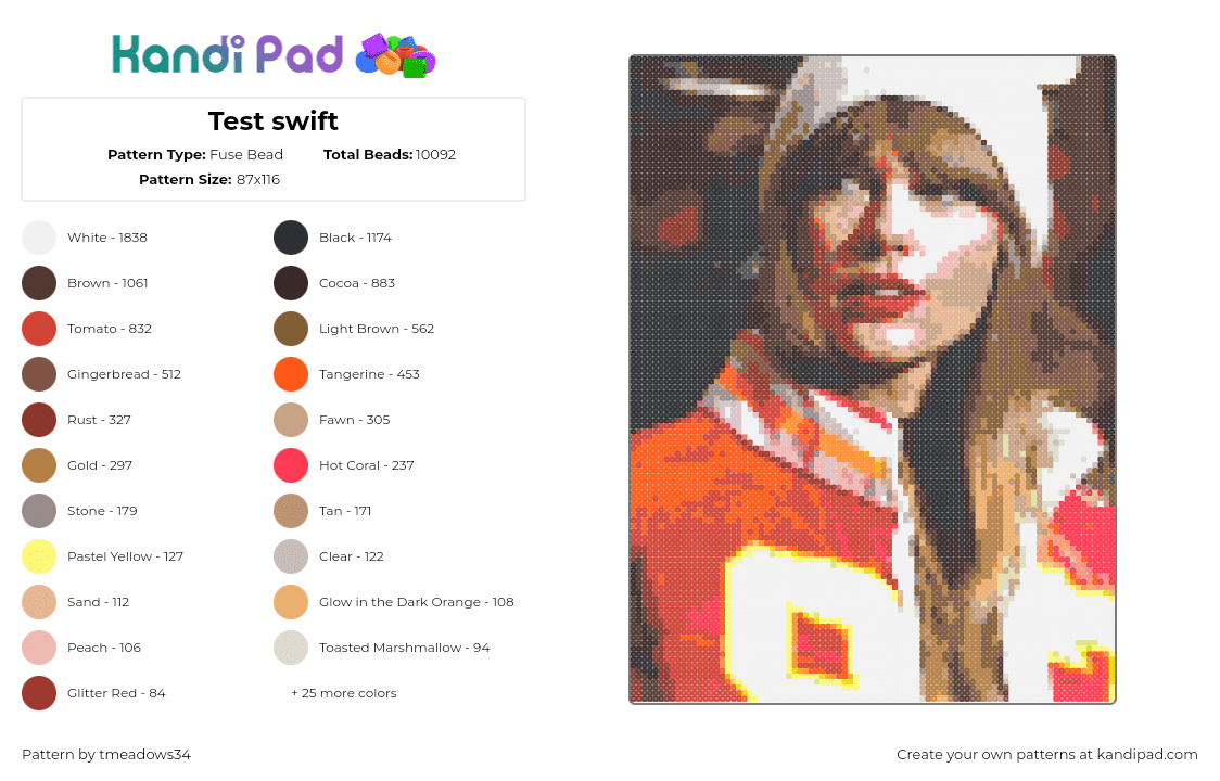 Test swift - Fuse Bead Pattern by tmeadows34 on Kandi Pad - taylor swift,portrait,music,football,orange,red,tan