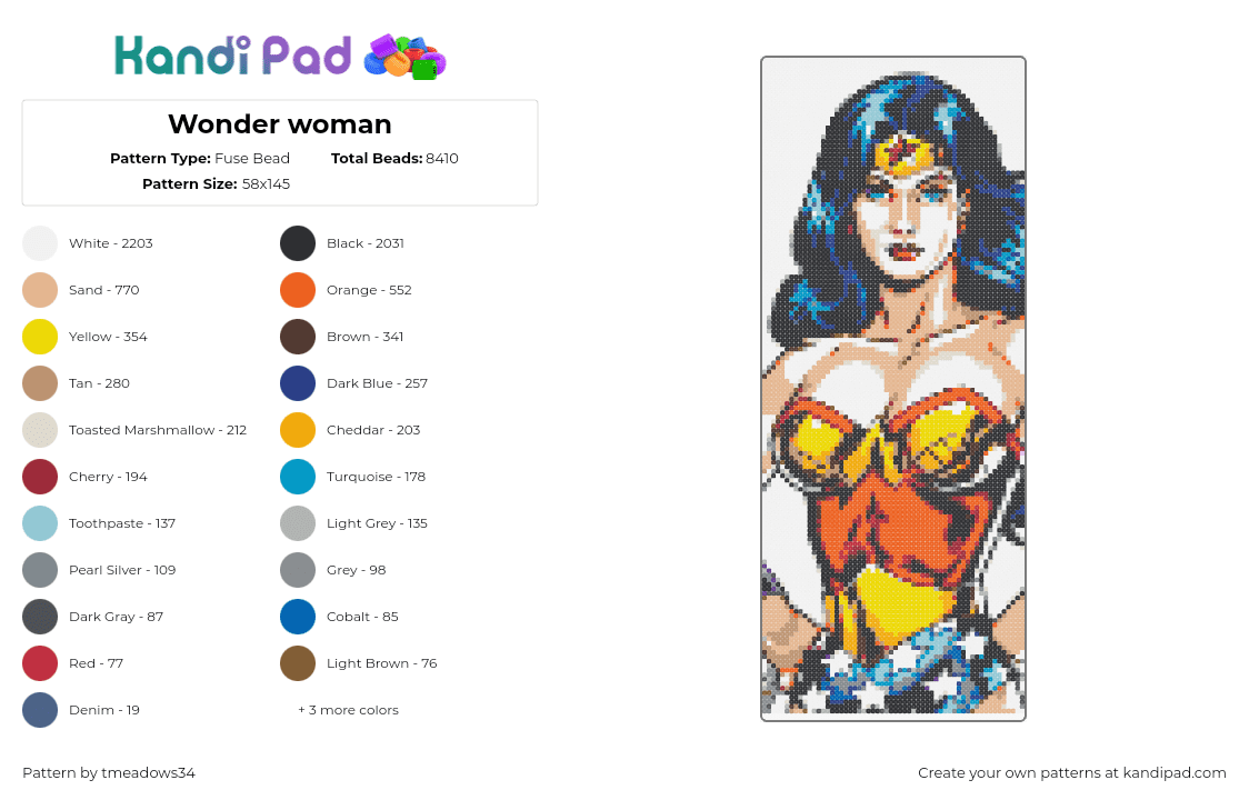 Wonder woman - Fuse Bead Pattern by tmeadows34 on Kandi Pad - wonder woman,portrait,marvel,superhero,character,panel,comic,red,yellow,tan,blue