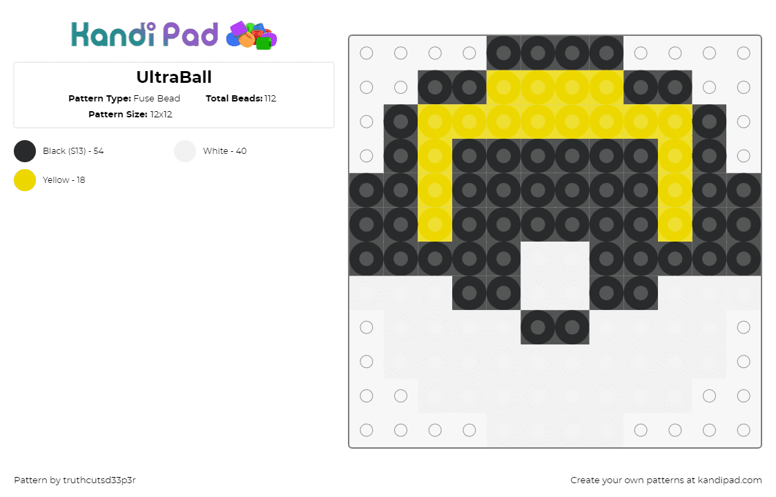 UltraBall - Fuse Bead Pattern by truthcutsd33p3r on Kandi Pad - ultra ball,pokeball,pokemon,gaming,simple,black,yellow,white