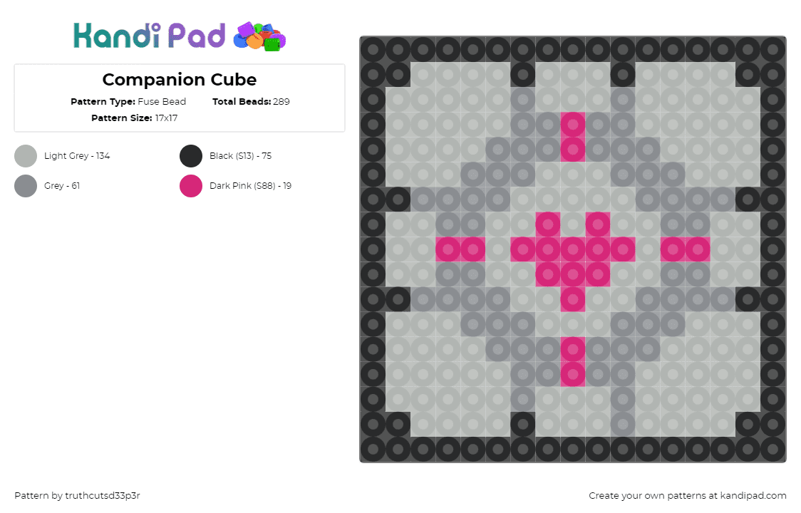 Companion Cube - Fuse Bead Pattern by truthcutsd33p3r on Kandi Pad - companion cube,portal,heart,video game,box,gray,pink,black