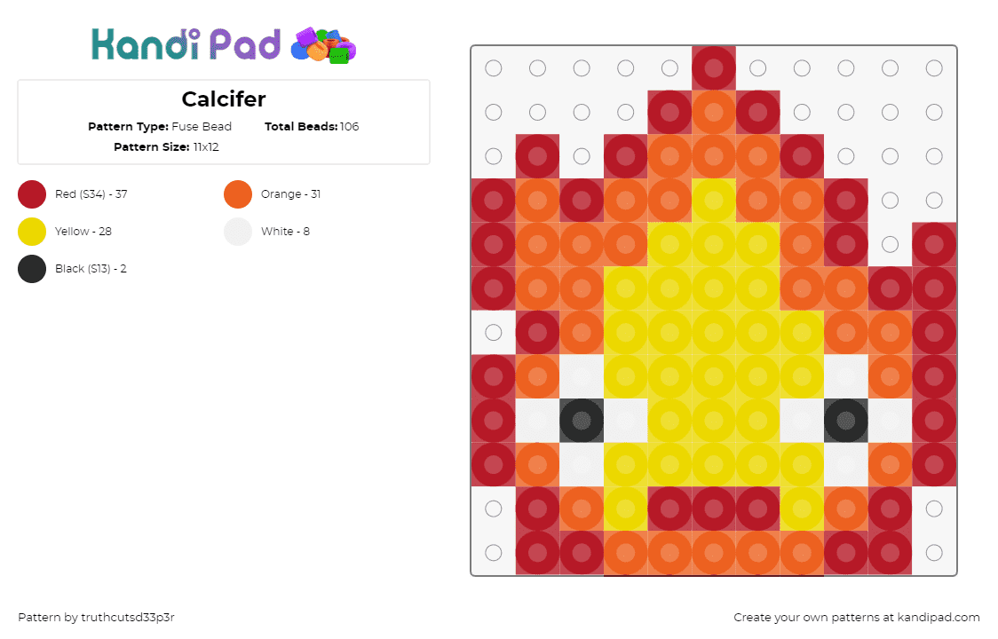 Calcifer - Fuse Bead Pattern by truthcutsd33p3r on Kandi Pad - calcifer,howls moving castle,fire flame,character,anime,simple,movie,face,yellow,orange,red