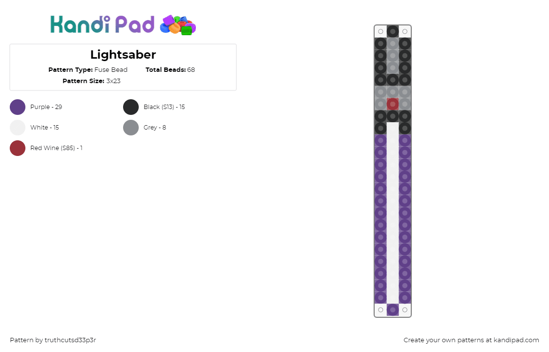 Lightsaber - Fuse Bead Pattern by truthcutsd33p3r on Kandi Pad - lightsaber,star wars,mace windu,weapon,sword,scifi,movie,purple,gray