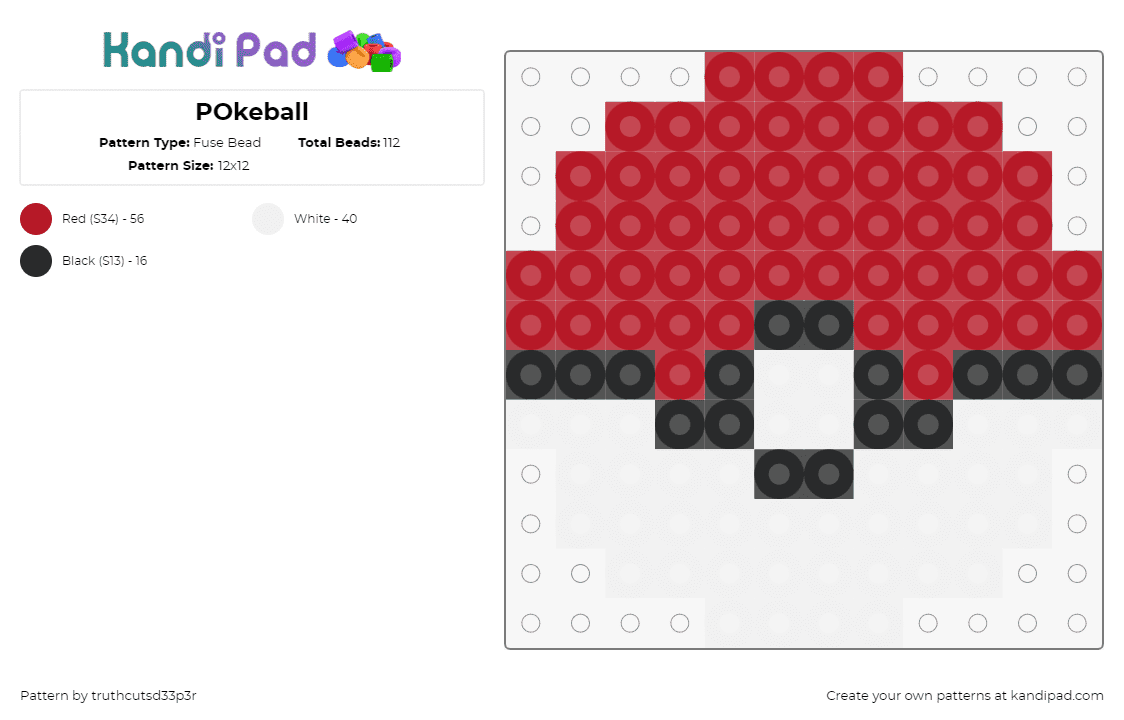 POkeball - Fuse Bead Pattern by truthcutsd33p3r on Kandi Pad - pokeball,pokemon,gaming,simple,red,white