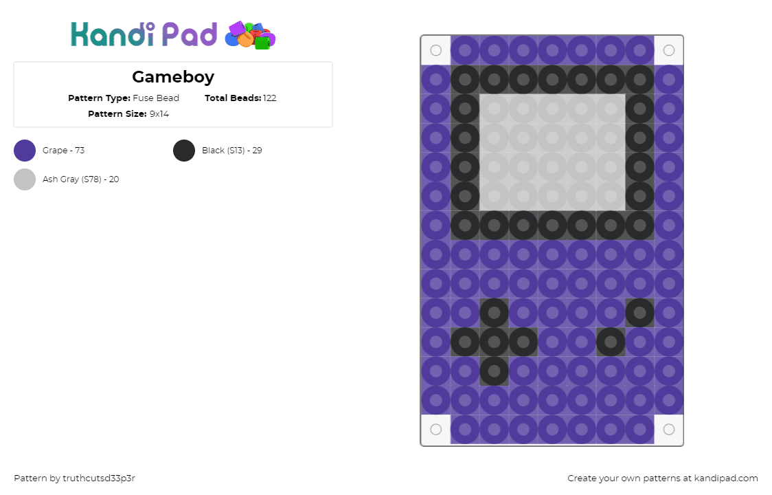 Gameboy - Fuse Bead Pattern by truthcutsd33p3r on Kandi Pad - gameboy,nintendo,console,video game,retro,purple,gray