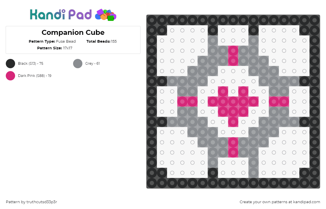 Companion Cube - Fuse Bead Pattern by truthcutsd33p3r on Kandi Pad - companion cube,portal,heart,video game,box,gray,pink,black