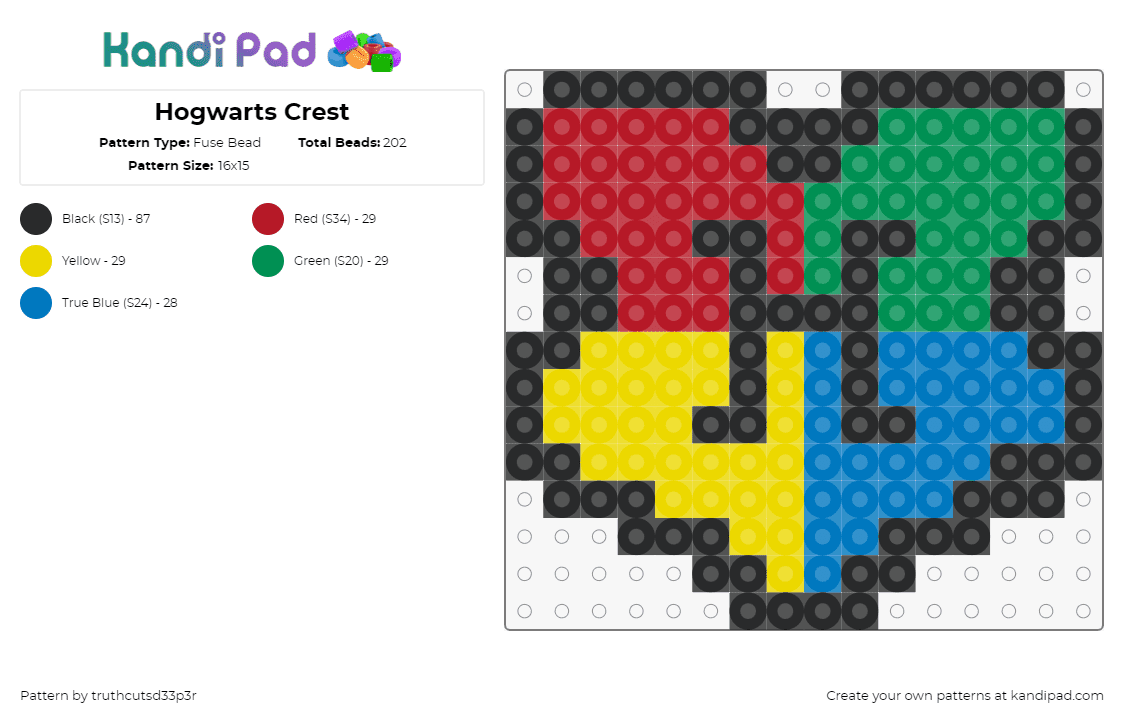 Hogwarts Crest - Fuse Bead Pattern by truthcutsd33p3r on Kandi Pad - hogwarts,harry potter,crest,shield,badge,logo,wizards,colorful,red,green,yellow,blue