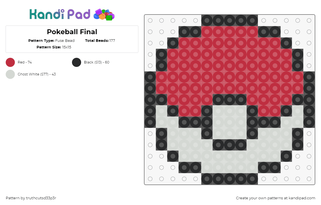 Pokeball Final - Fuse Bead Pattern by truthcutsd33p3r on Kandi Pad - pokeball,pokemon,gaming,red,gray