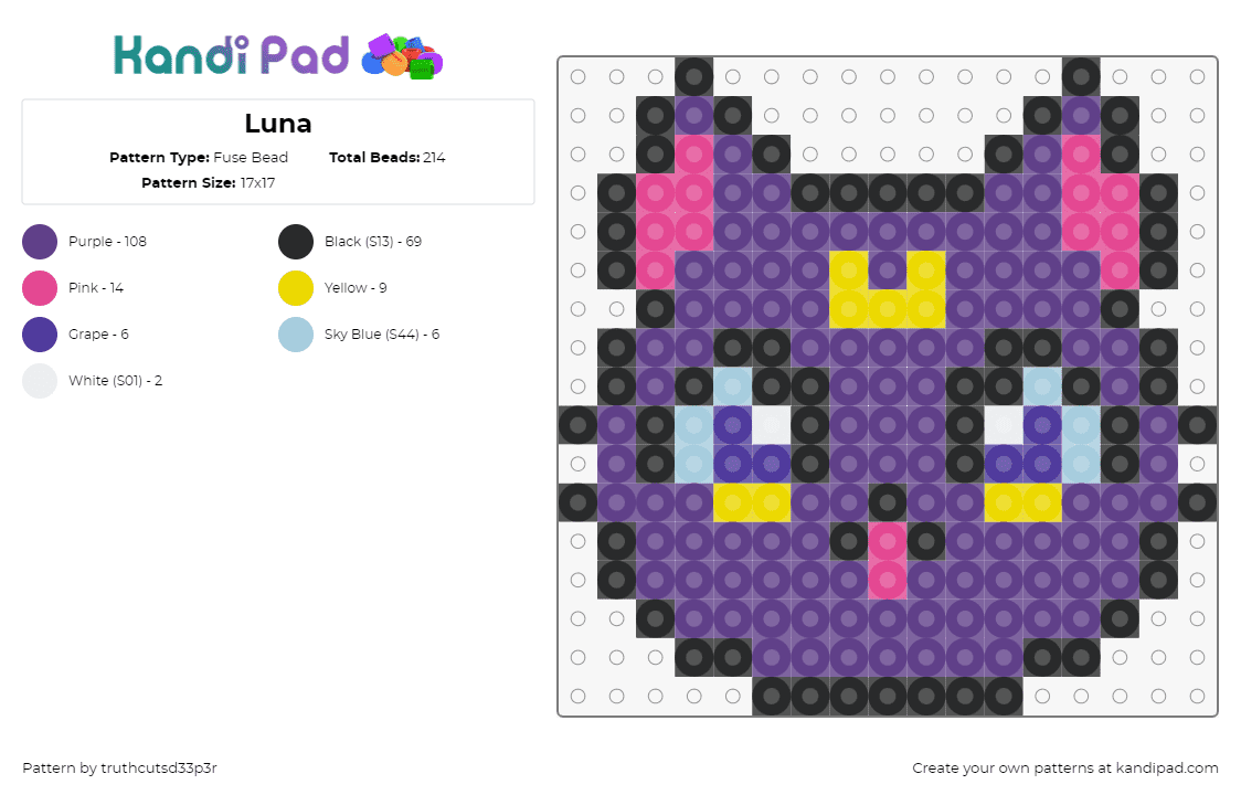 Luna - Fuse Bead Pattern by truthcutsd33p3r on Kandi Pad - luna,silor moon,cat,head,character,anime,animal,purple,pink