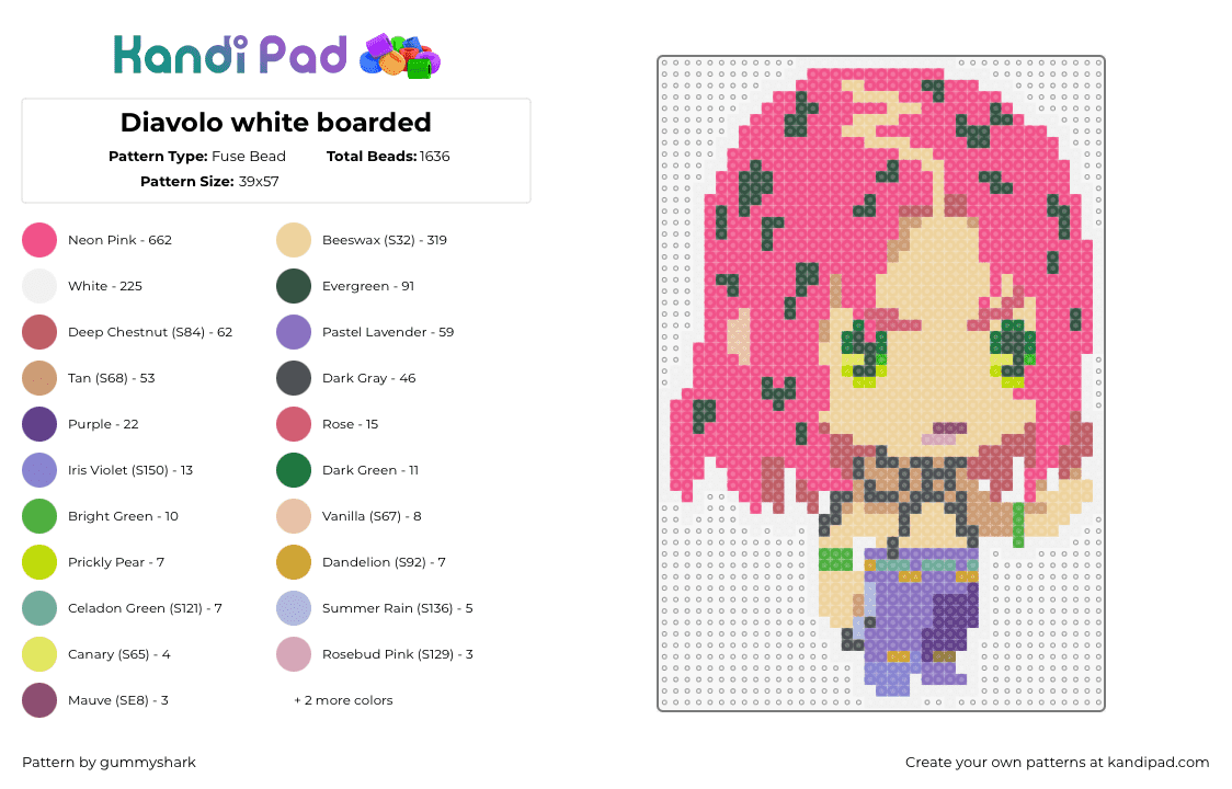 Diavolo white boarded - Fuse Bead Pattern by gummyshark on Kandi Pad - daivolo,jojos bizarre adventure,character,chibi,manga,video game,anime,tv show,pink,tan,purple